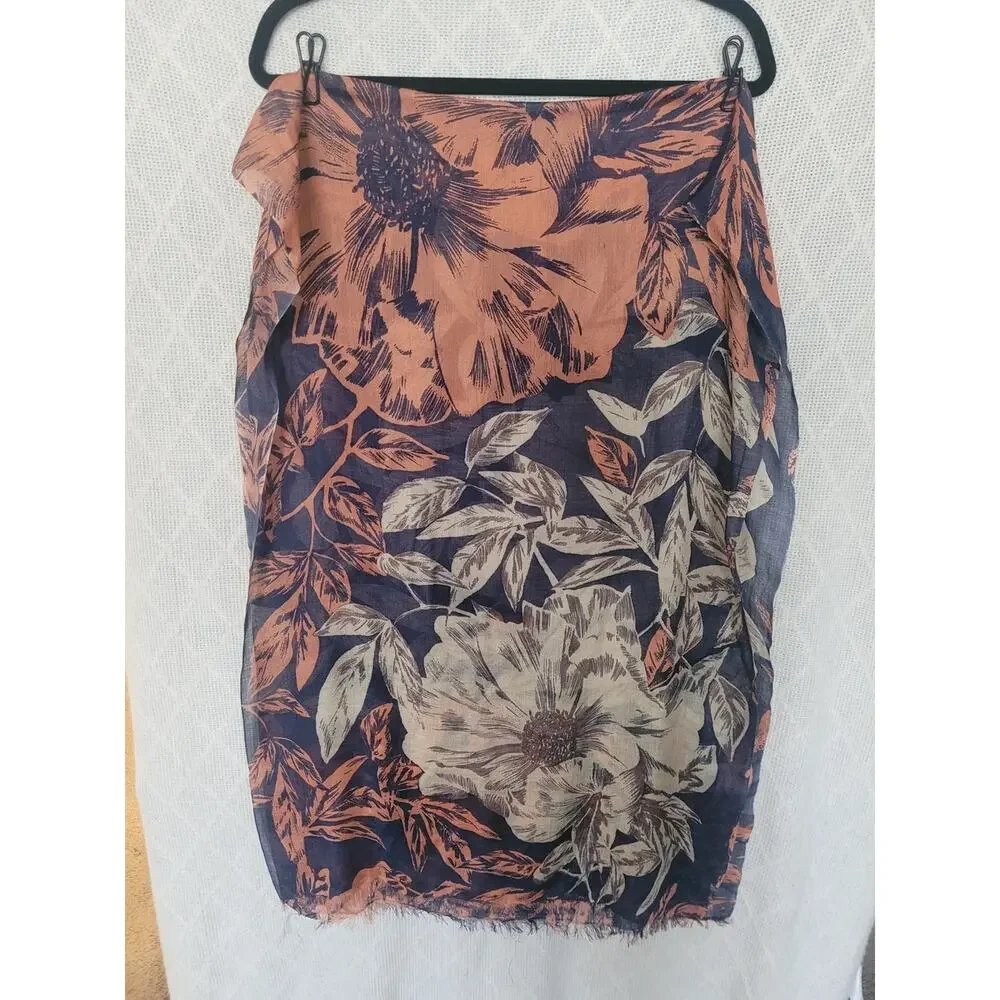 Floral Navy Rust Cream Oversized Scarf Wrap Shawl Lightweight Boho 70x23.5